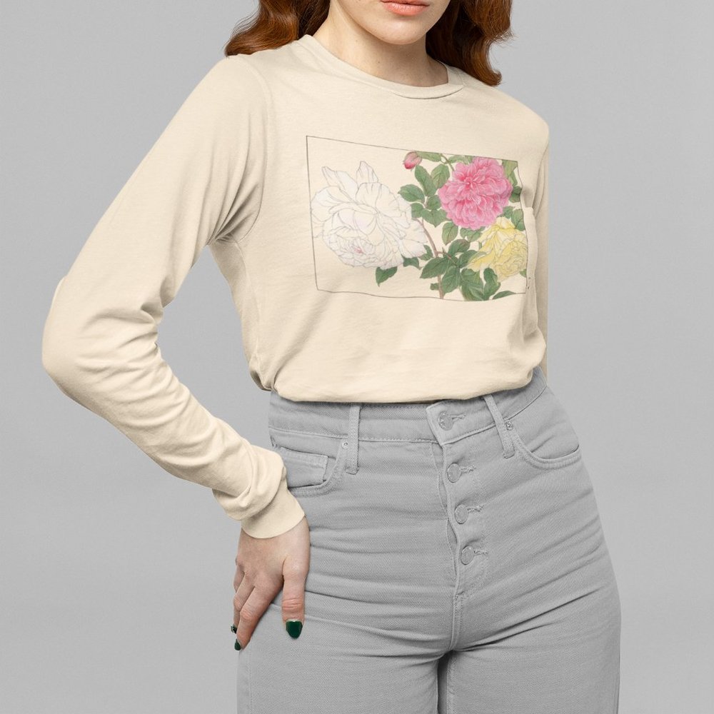 Japanese Rose Flowers VTG Ukyio-e Print Long Sleeve Graphic Tee T-shirt S M L XL